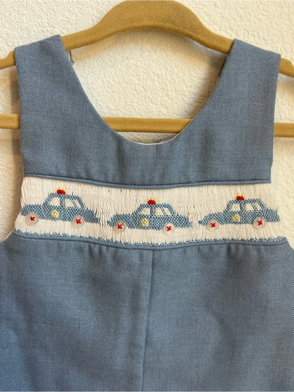 Vintage House of Hatten Blue Boys Smocked Police Car Romper